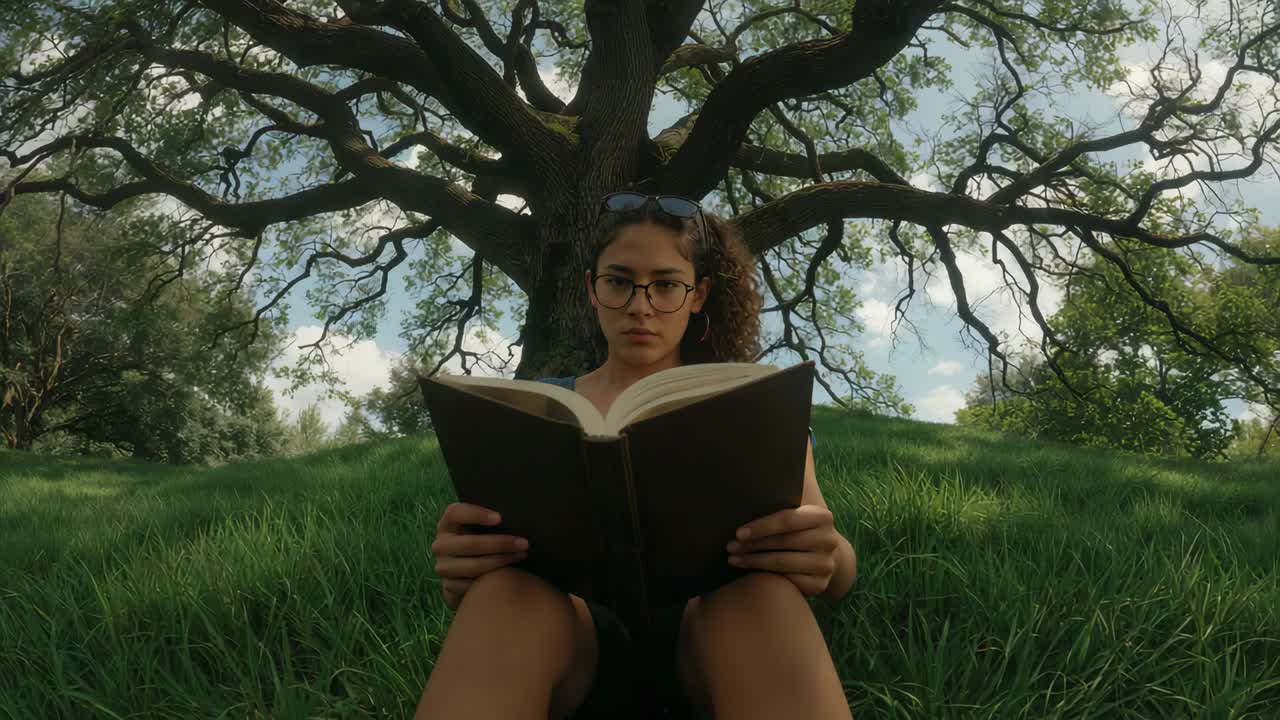 Holding open book, woman wearing blue top, eyeglasses and sunglasses, reading under tree on hill