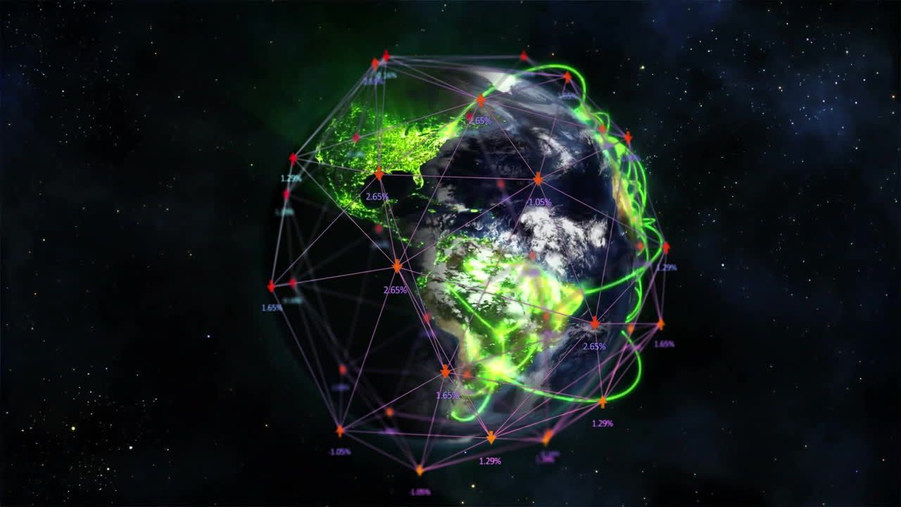 Earth with network connections and data visualization in space animation