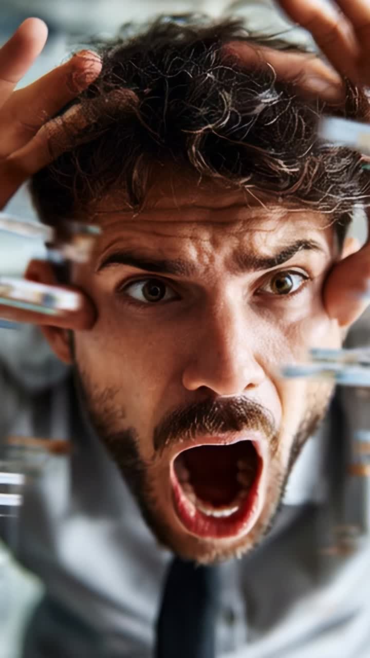 A man's intense emotional journey captured in two frames, expressing feelings of frustration, anxiety, and contemplation as he reacts to overwhelming circumstances