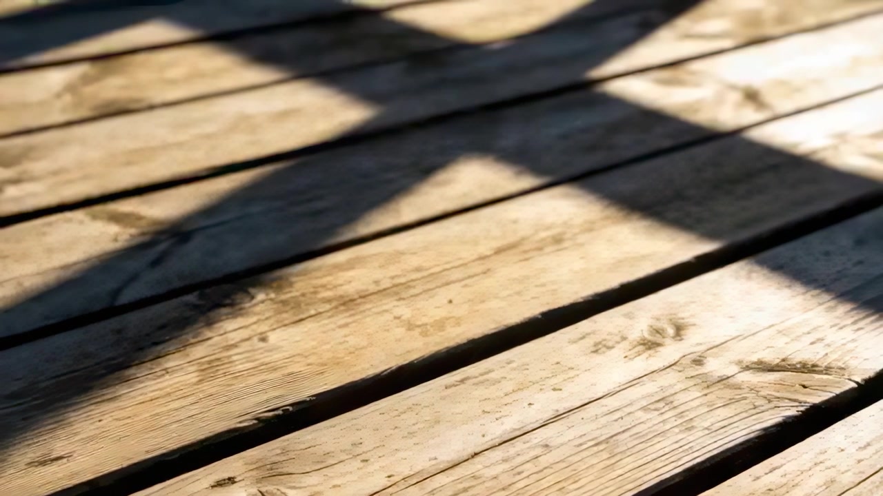 Sun angle shifting, sunlight casting diagonal shadow across weathered wooden planks on porch