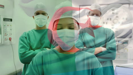 animación de la bandera de argelia sobre diversos médicos con máscaras faciales