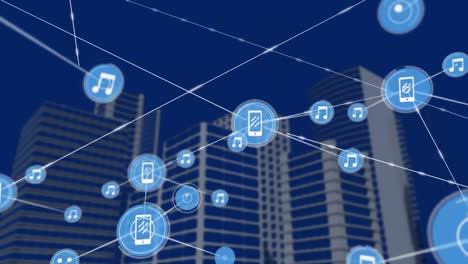 Animation-of-network-of-digital-icons-over-tall-buildings-against-blue-background