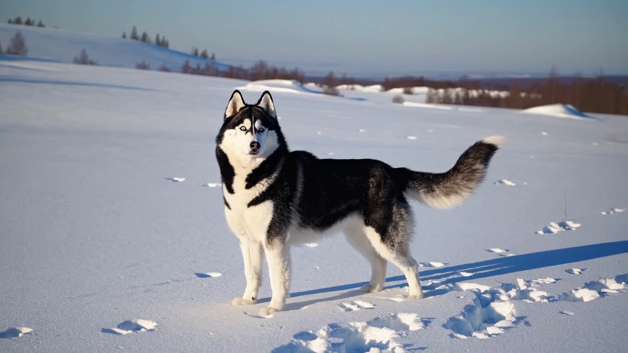 A Siberian Husky stands in a snowy landscape, captured from a low-angle shot