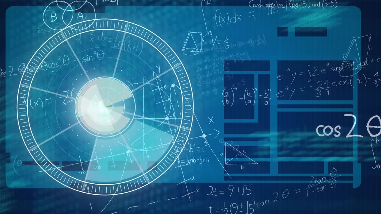 Animation of neon round scanner, data processing and mathematical equations on blue background