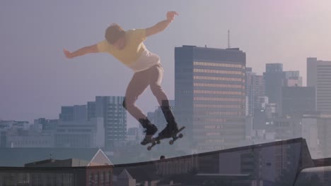 animation of caucasian boy skateboarding over cityscape