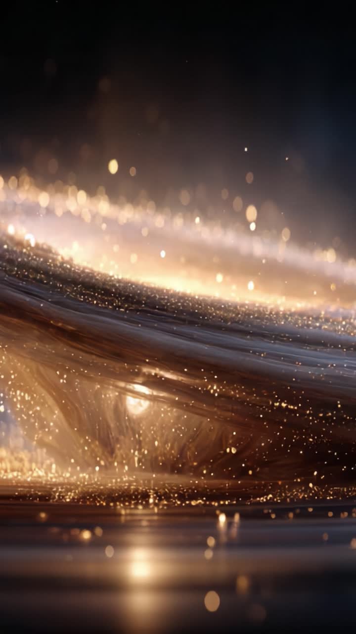 Un viaggio affascinante attraverso un regno cosmico di luce e scintille: un'esplorazione di particelle luminose e movimento fluido in un ambiente mistico