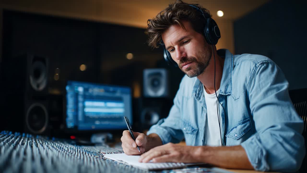 Focused Audio Producer in a Modern Studio, Wearing Headphones, Writing Notes and Crafting Musical Ideas While Surrounded by Professional Equipment and Sound Mixing Consoles, Highlighting the Creative Process