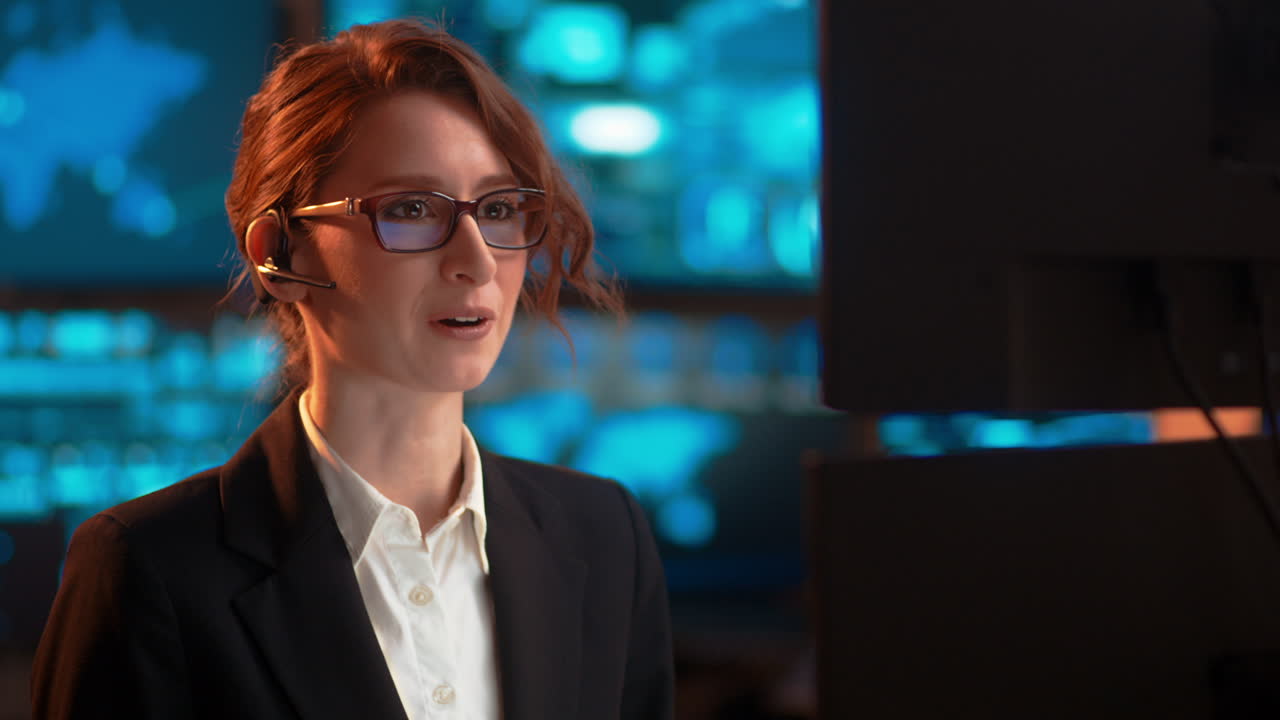 Slow pan over a businesswoman at work talking through her bluetooth headset, in a customer service-type industry, excited closing a business deal