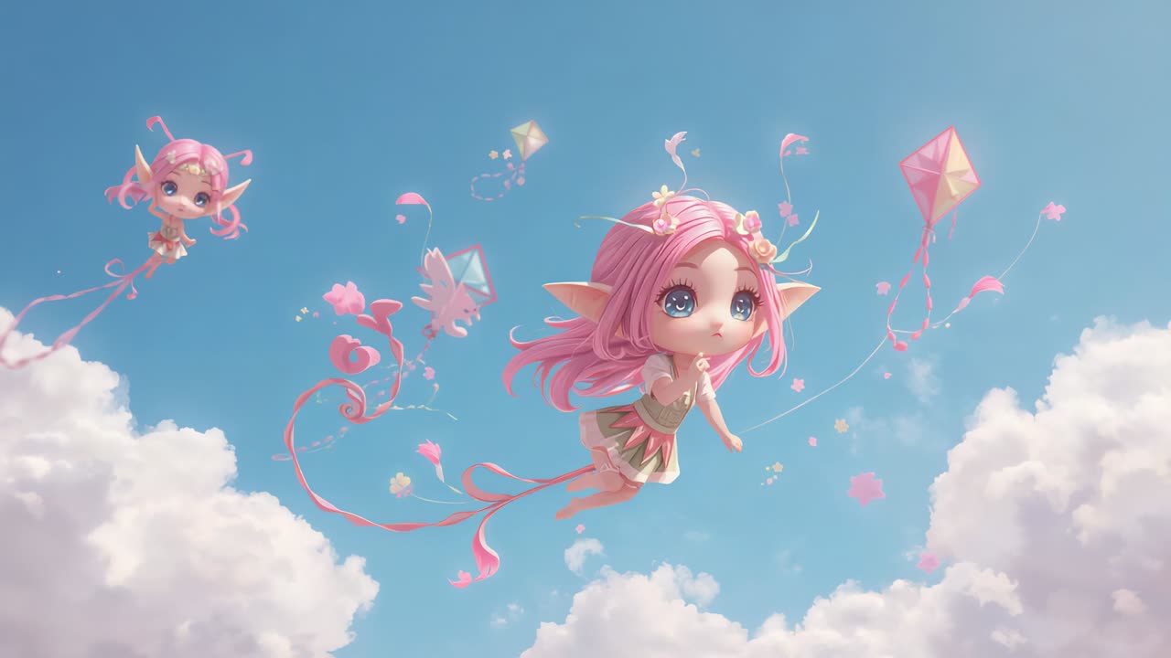 Drifting centered pink elf leading small companion in blue sky as breeze lifting kite ribbons