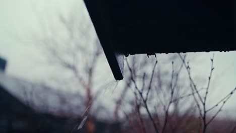 raindrops cascading from the roof of a rustic cabin by reinsjøen in åfjord, trøndelag, norway - close up