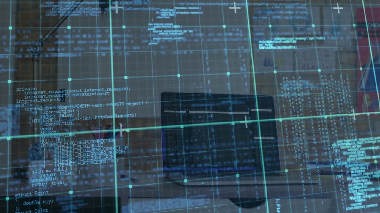 Closed laptop resting on desk launching holographic grid generating code streams for data mapping