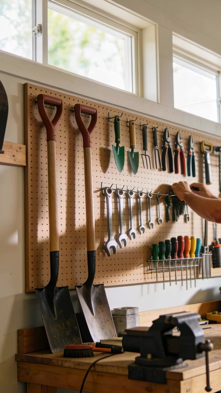Vertical video: Entering from right, arm in shirt organizing wrenches on pegboard in shop with vise
