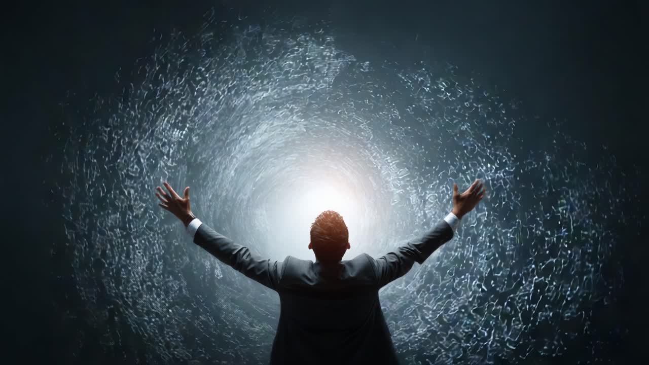 A Determined Individual Stands with Outstretched Arms Against a Hypnotic Vortex of Light and Energy, Representing the Pursuit of Knowledge and Inner Power in a Darkened Space