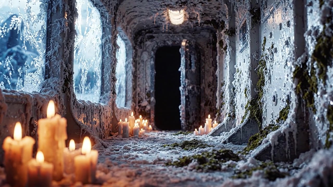 Um corredor de cenário invernal e sinistro, ladeado por velas bruxuleantes e paredes cobertas de geada, criando uma atmosfera assustadoramente bela de quietude e mistério.