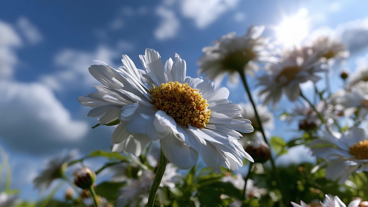 Um Close-Up Deslumbrante de Lindas Margaridas Brancas Sob um Céu Azul Brilhante, Exibindo a Elegância da Natureza e a Vida Vibrante de um Prado Florido