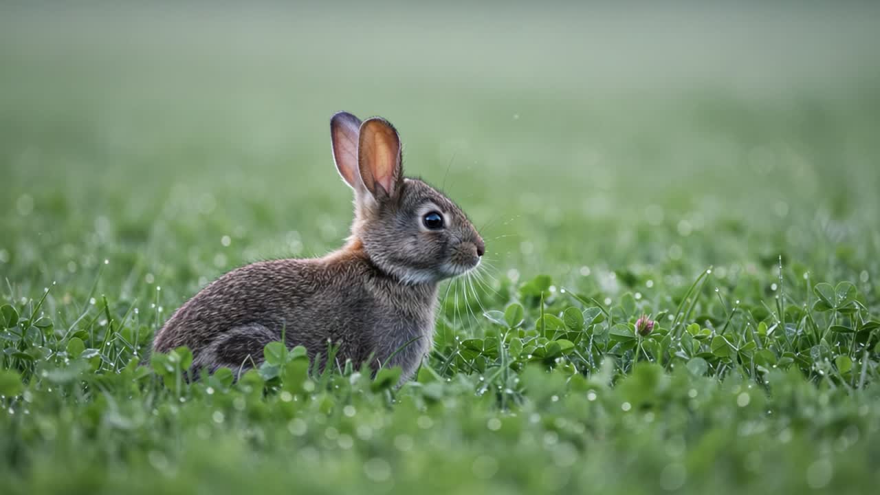 Graceful Bunny in a Dewy Meadow: An Enchanting Journey Through Nature Captured in Two Moments of Playfulness and Exploration