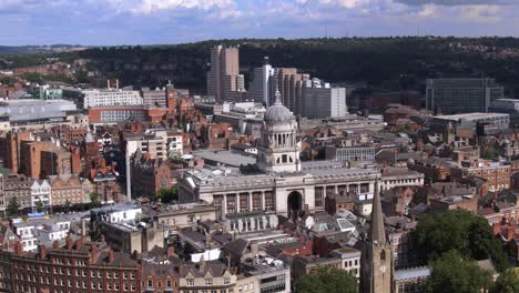 Dynamic-aerial-view-over-city-centre-of-Nottingham-England