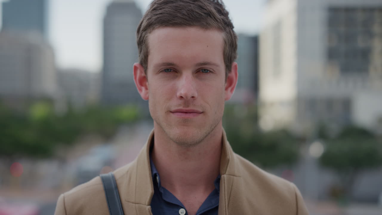 초상화 독립적 인 젊은 백인 사업가 도시에서 전문적인 도시 생활 방식을 즐기는 자신감 있는 머리를 돌립니다