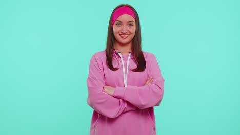 lovely cheerful girl greatly approves your suggestion shaking head approvely satisfied with work