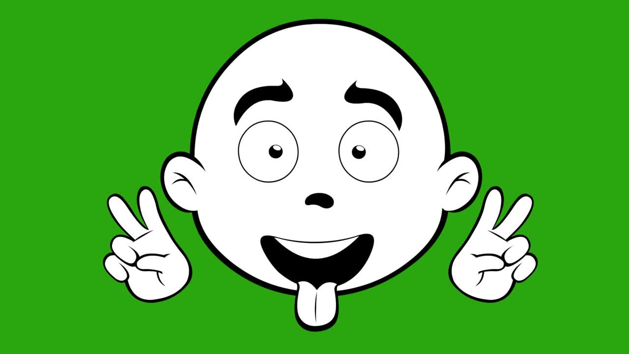 personaje de dibujos animados cara animación, lengua fuera gesto amor y paz