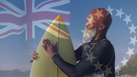holding surfboard with uk and eu flags animation in background, man standing