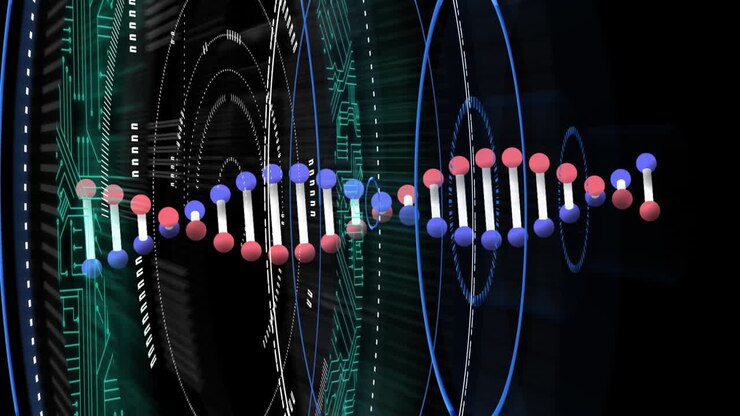 Animation of spinning dna strand over black background