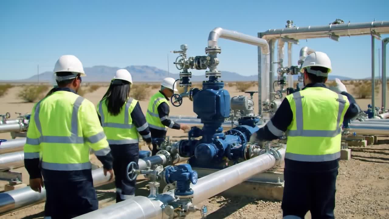 Team of Engineers Collaborating on Pipeline Infrastructure in Desert Environment, Focusing on Equipment for Resource Extraction and Management