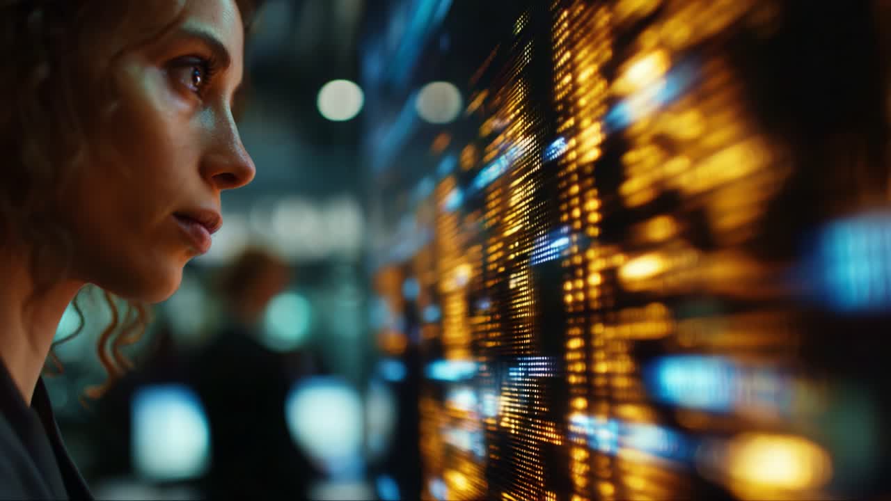 A woman analyzes dynamic data displayed on a digital screen, showcasing the vibrant interplay of lights and colors in a high-tech environment