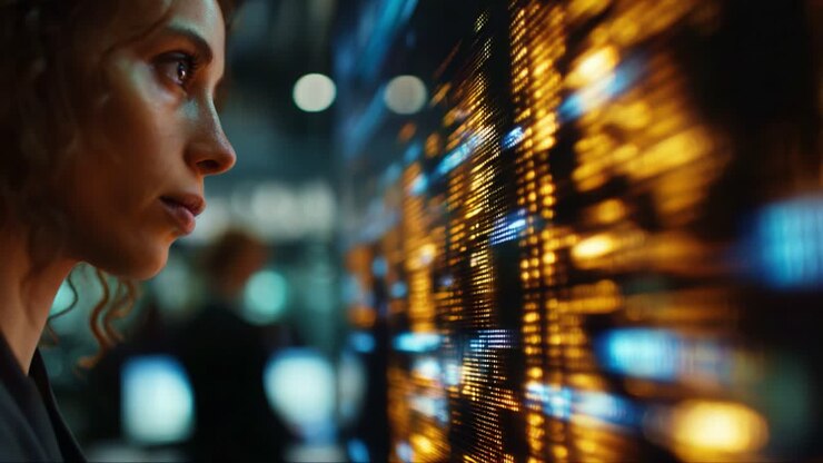 A woman analyzes dynamic data displayed on a digital screen, showcasing the vibrant interplay of lights and colors in a high-tech environment