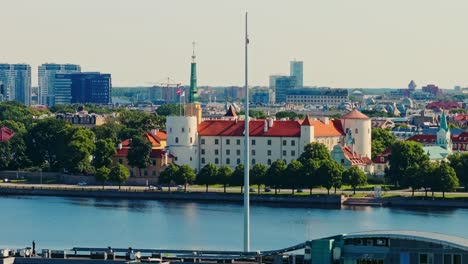 cinematic drone shot shows riga castle with flagpole and no flag in summer light