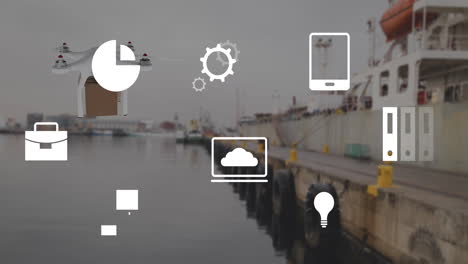 animation of eco icons and data processing over drone with box and sea port