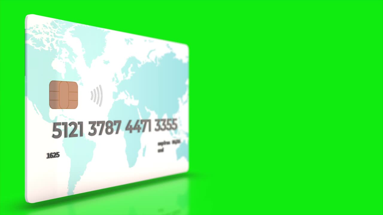 animación 3d de una tarjeta de crédito con un chip con canal alfa. concepto de compras de mercado de negocios.