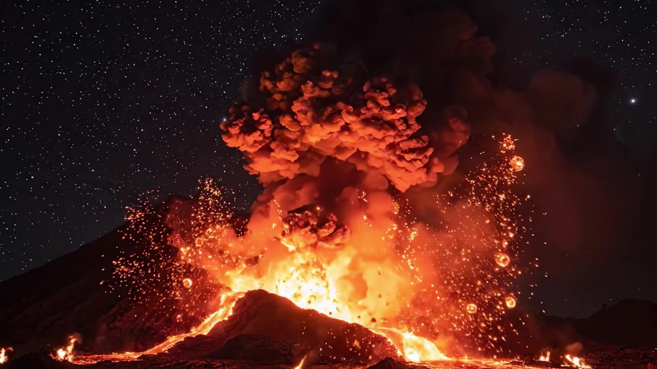 En fantastisk fremvisning av naturens rå kraft: dette vulkanutbruddet lyser opp nattehimmelen med glødende lava, tett røyk og et teppe av stjerner, som fengsler seere og viser frem skjønnheten i geologiske hendelser