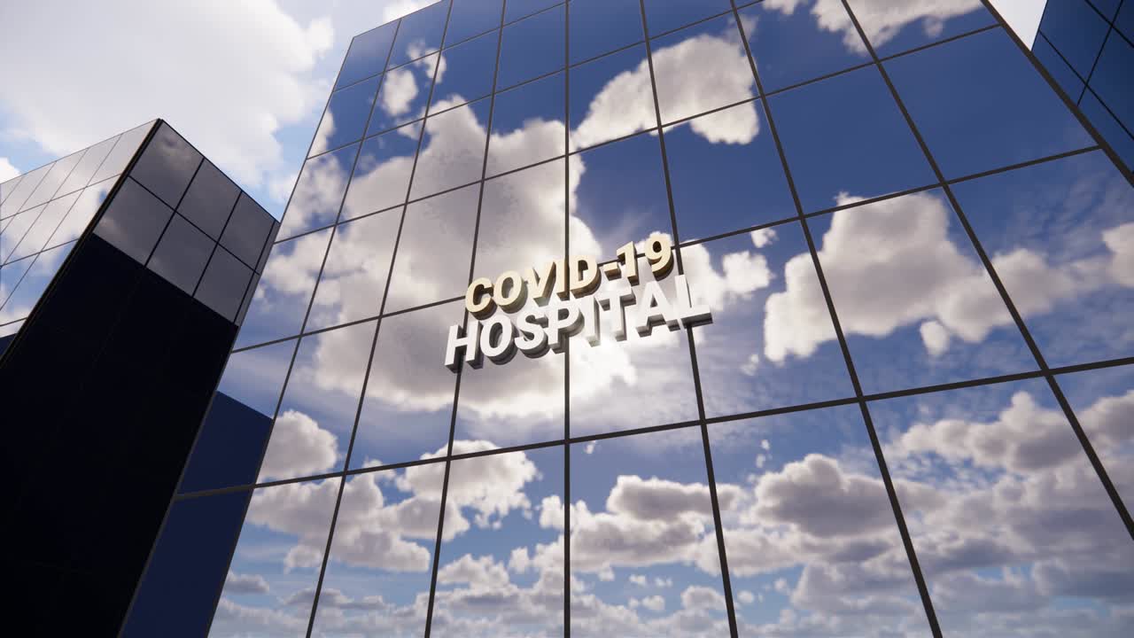 Área restrita de hospital Covid-19 em arranha-céu de vidro. Céu em time-lapse espelhado no edifício. Epidemia, pandemia de vírus. Conceito de saúde, clínica, emergência, assistência médica e medicina em animação de renderização 3D.