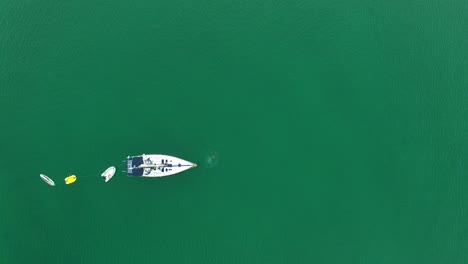 anchored sailboat towing dingy, inflatable boat and paddle board, two people jump into ocean water