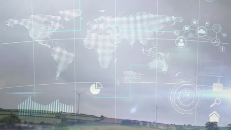 world map and data visualization animation over wind turbines in rural landscape