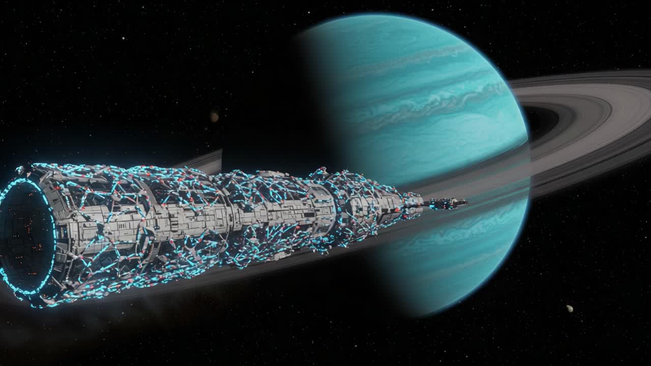 A Stunning Visual of a Futuristic Spacecraft Travel Through Outer Space Near a Majestic Planet with Rings and Vibrant Atmosphere Captured in Two Frames