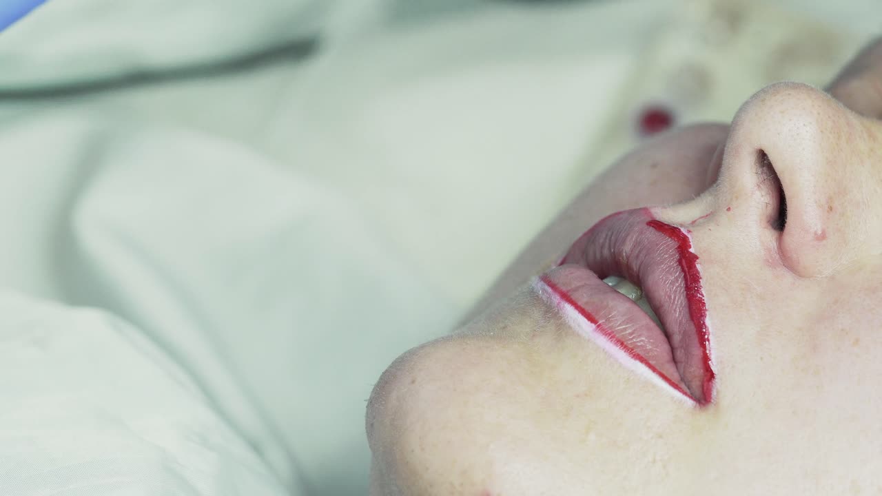 Beautician makes permanent makeup on her lips. Hands in blue rubber gloves hold a tattoo machine with red pigment. close up