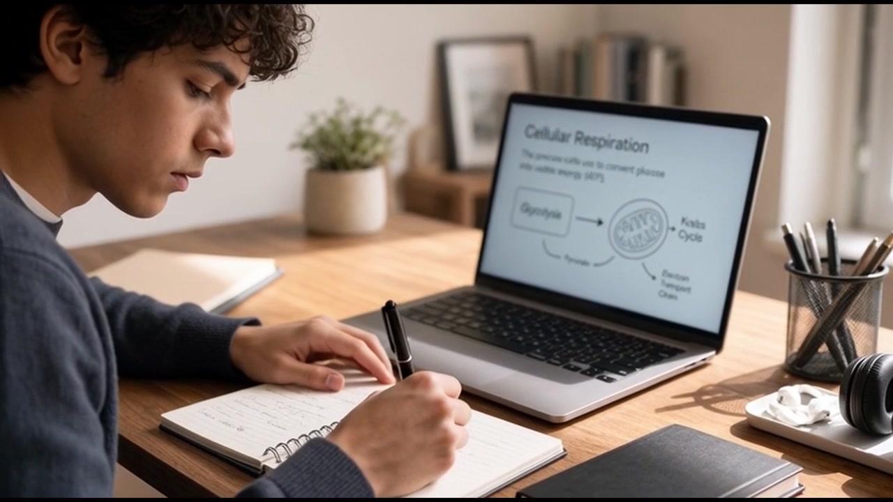 Student Studying Cellular Respiration on Laptop at Home