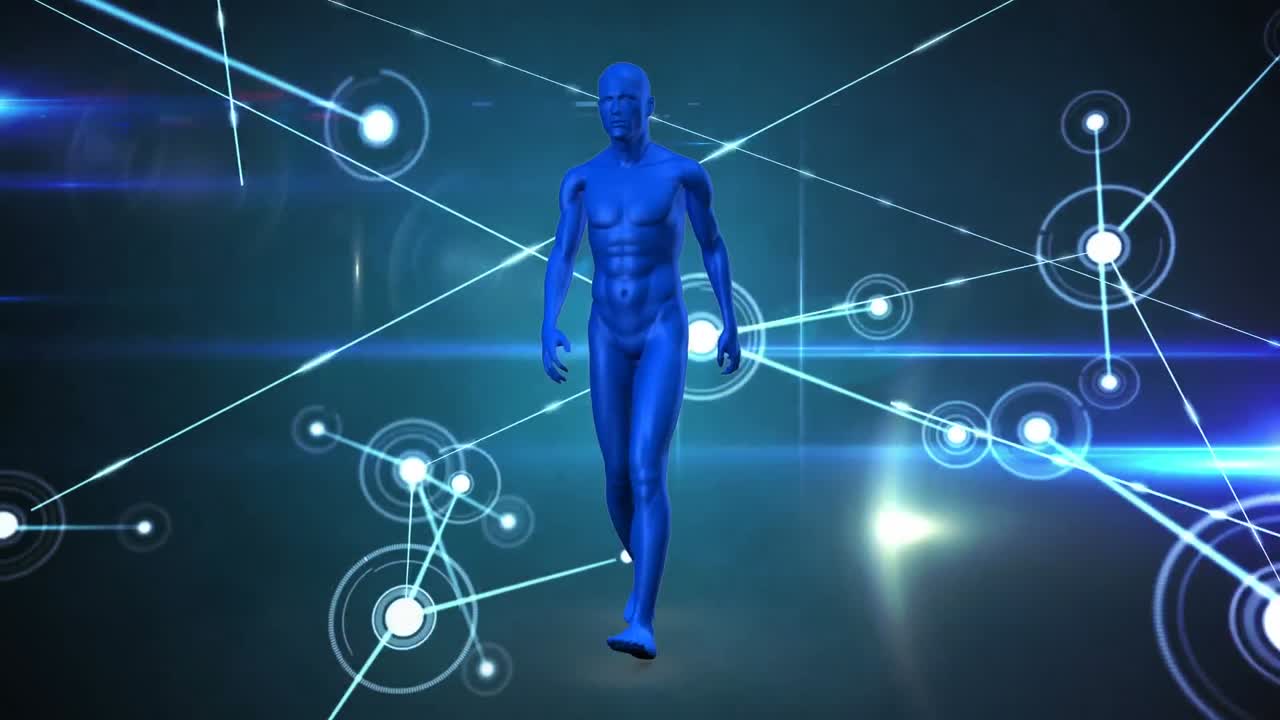 animación de la red de conexiones y procesamiento de datos sobre el modelo del cuerpo humano