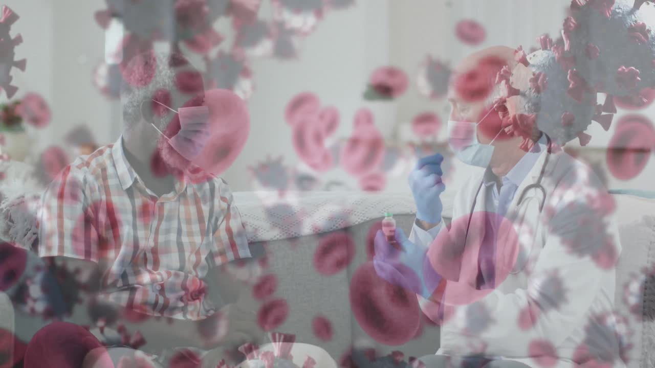 백인 남성 의사와 환자가 백신을 들고 있는 바이러스 세포의 애니메이션