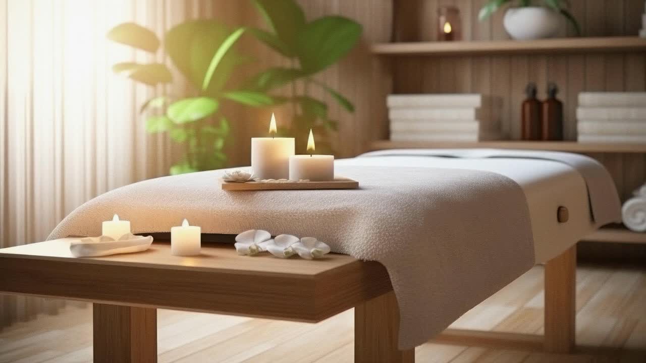 Masaj masasının üzerinde yanan mumlarla huzurlu bir spa ortamı, düşük açıdan çekilmiş