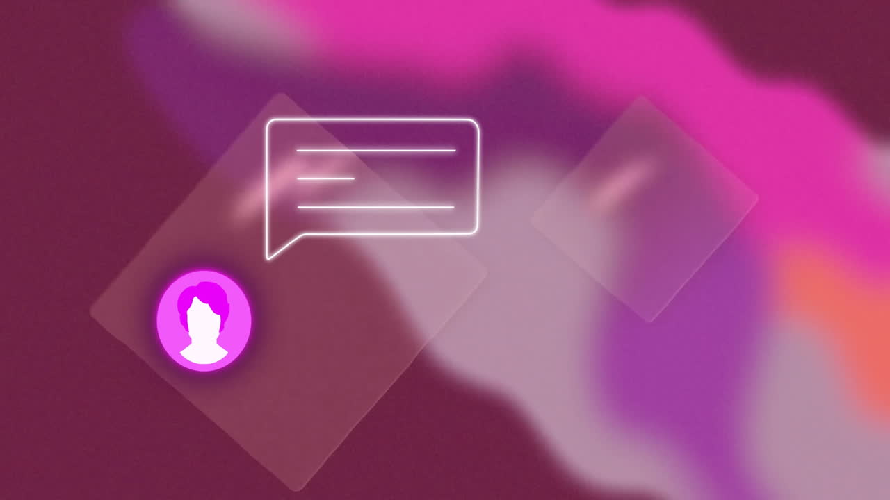 animación de burbuja de chat y icono de usuario sobre fondo rosa y púrpura abstracto