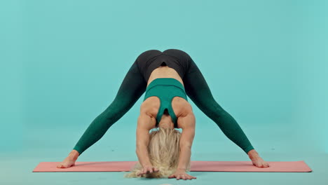 fitness, woman and yoga stretching on mat