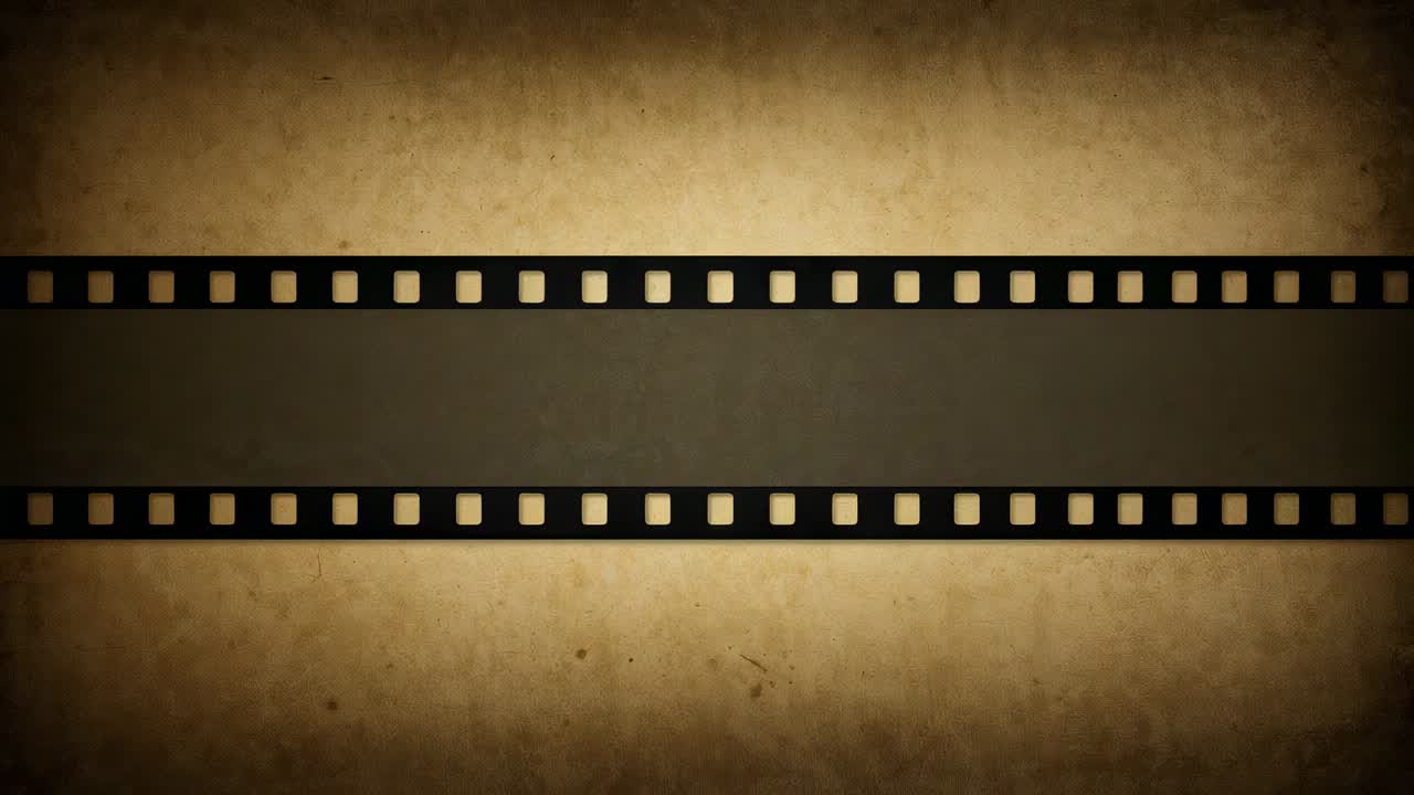 Animating centered vintage filmstrip on parchment, showing sprocket holes and dark banner for title