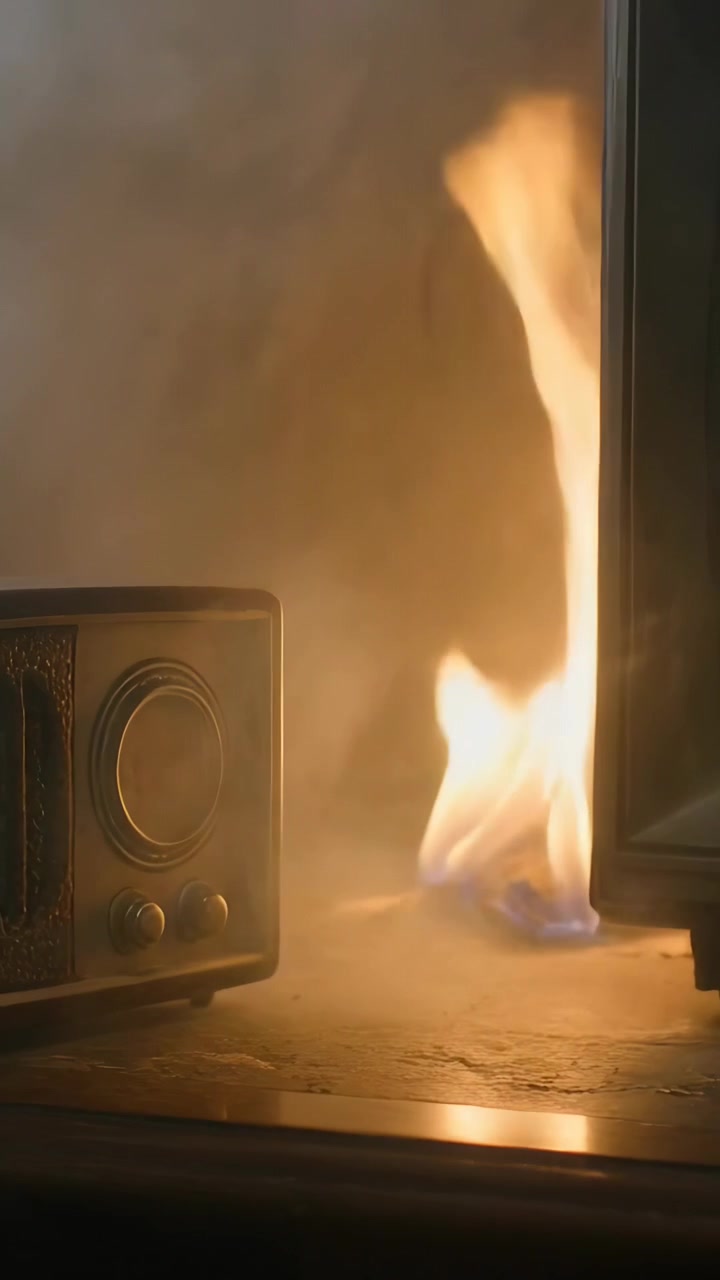 Vertikales Video: Funkelnde Flamme klettert am Schrankrand empor, beleuchtet ein Vintage-Radio links, mit Platz für Text.