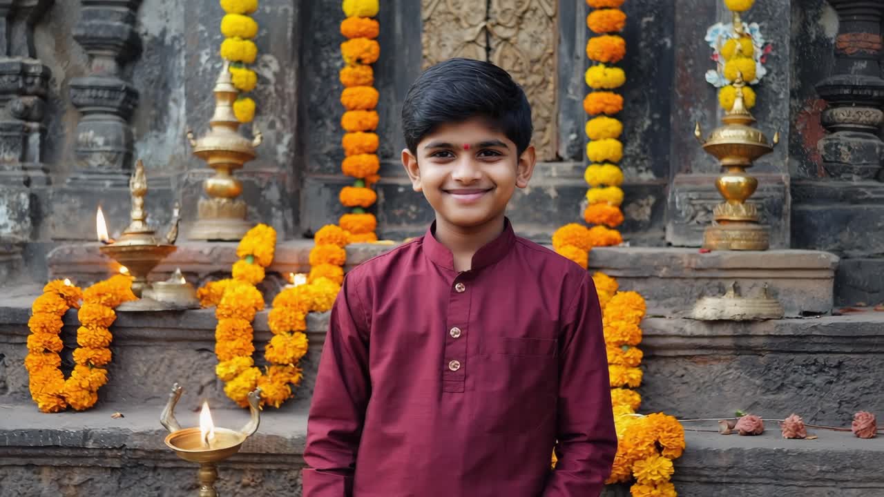 Cheerful young boy wearing traditional attire standing inside ornate temple, surrounded by vibrant orange flower garlands and glowing oil lamps during festive religious celebration
