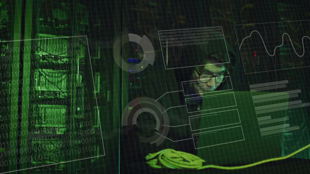 Animation of data processing and diagrams over asian male hacker in server room