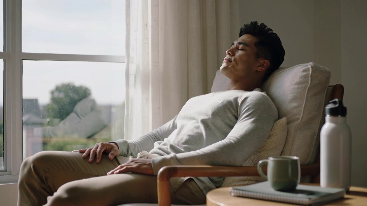 Leaning back, man in sweater, pants reclining at home by window, sunlight streaming, mug notebook