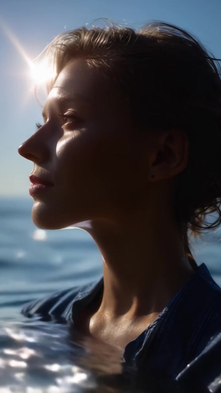 A Serene Water Portrait Capturing Glimmering Reflections and Sunlight Surrounding the Beautiful Subject, Evoking Peace and Tranquility in Nature's Embrace